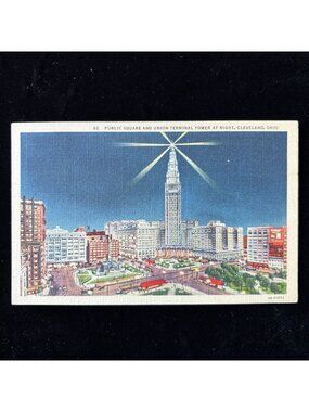 Vintage Postcard 1938 AC Show Bustling Cleveland OH Terminal Tower Night Linen